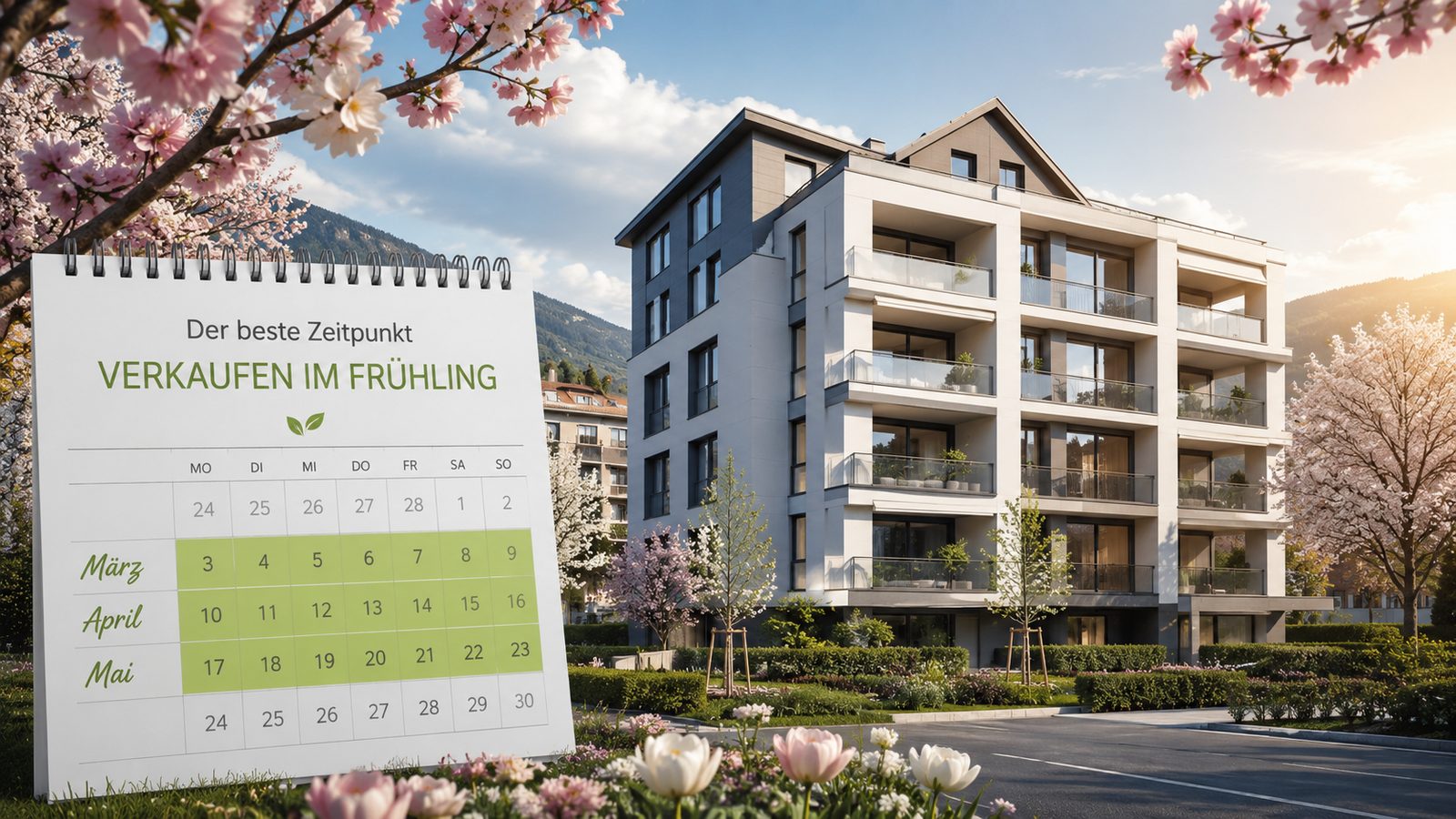 Mehrfamilienhaus im Frühling mit Kirschblüten und Kalender — bester Verkaufszeitpunkt