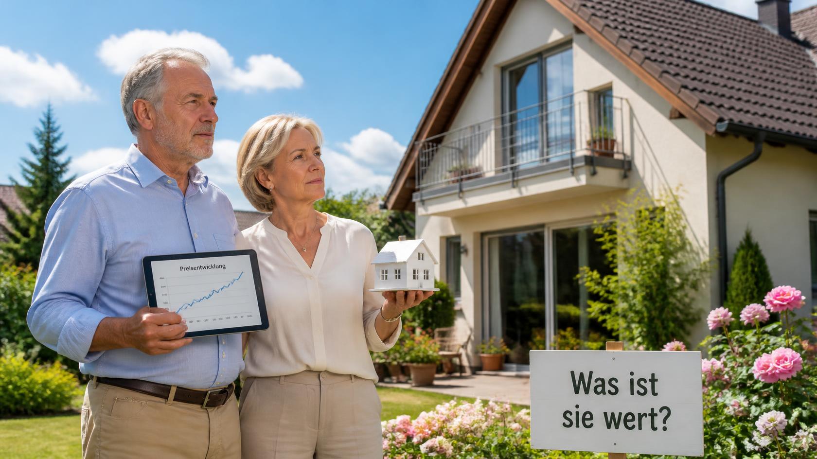 Älteres Paar mit Tablet und Hausmodell vor dem Eigenheim, Schild «Was ist sie wert?»