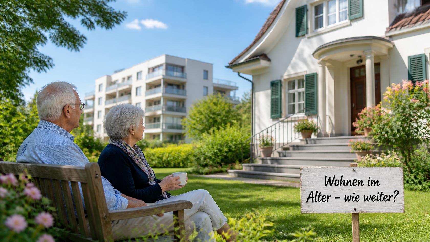 Älteres Paar auf einer Gartenbank vor dem Haus, Schild «Wohnen im Alter – wie weiter?»