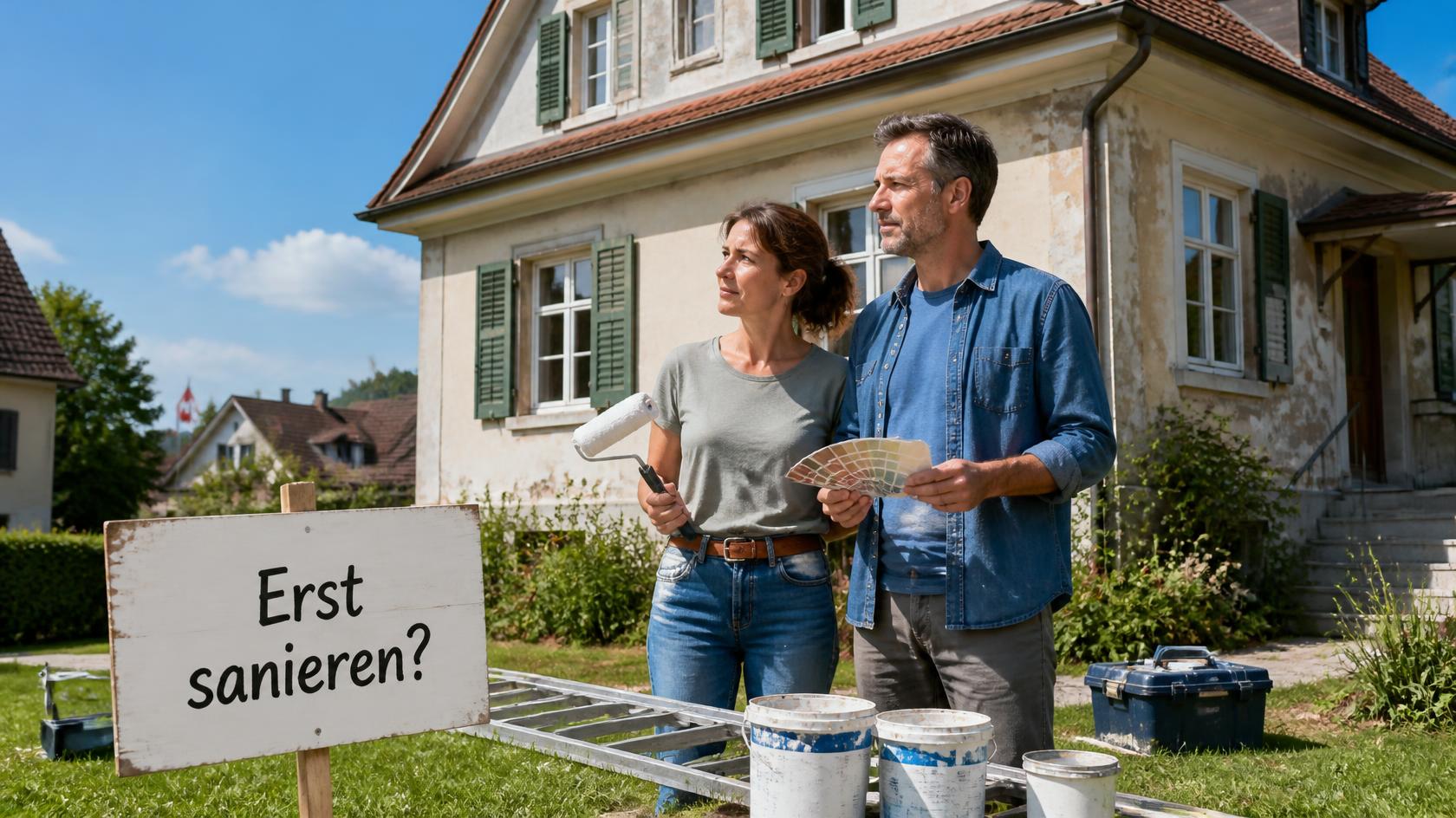 Paar mit Farbmustern vor einem älteren Haus, Farbkübel und Schild «Erst sanieren?»