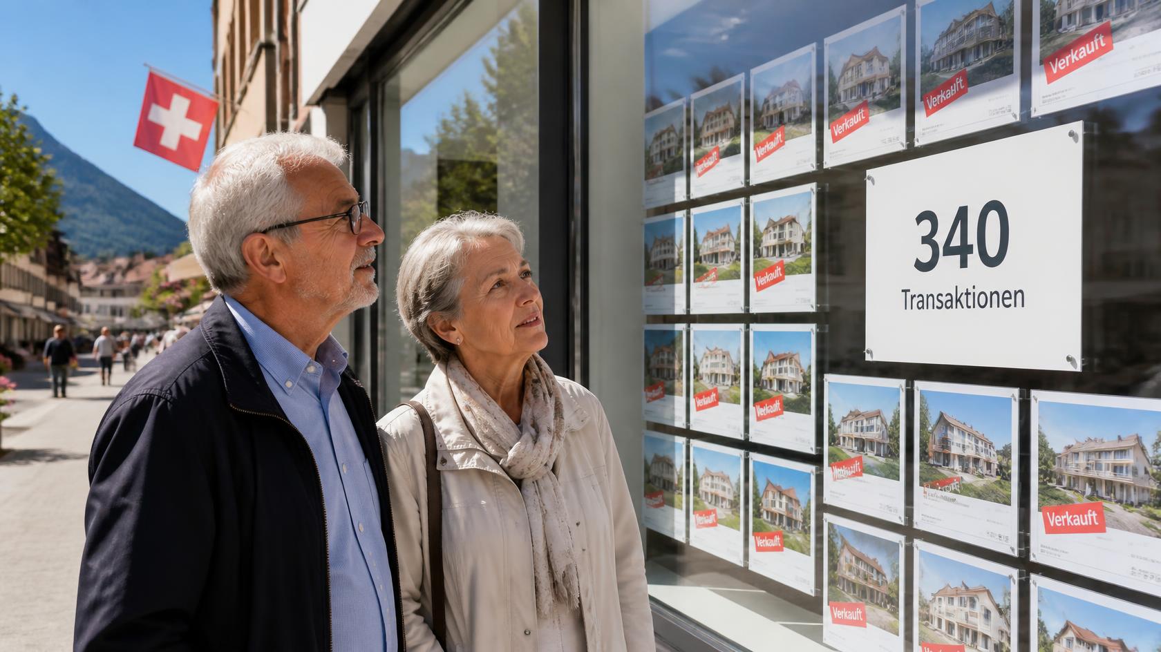 Älteres Paar vor einem Schaufenster mit Immobilienangeboten und dem Aushang «340 Transaktionen»
