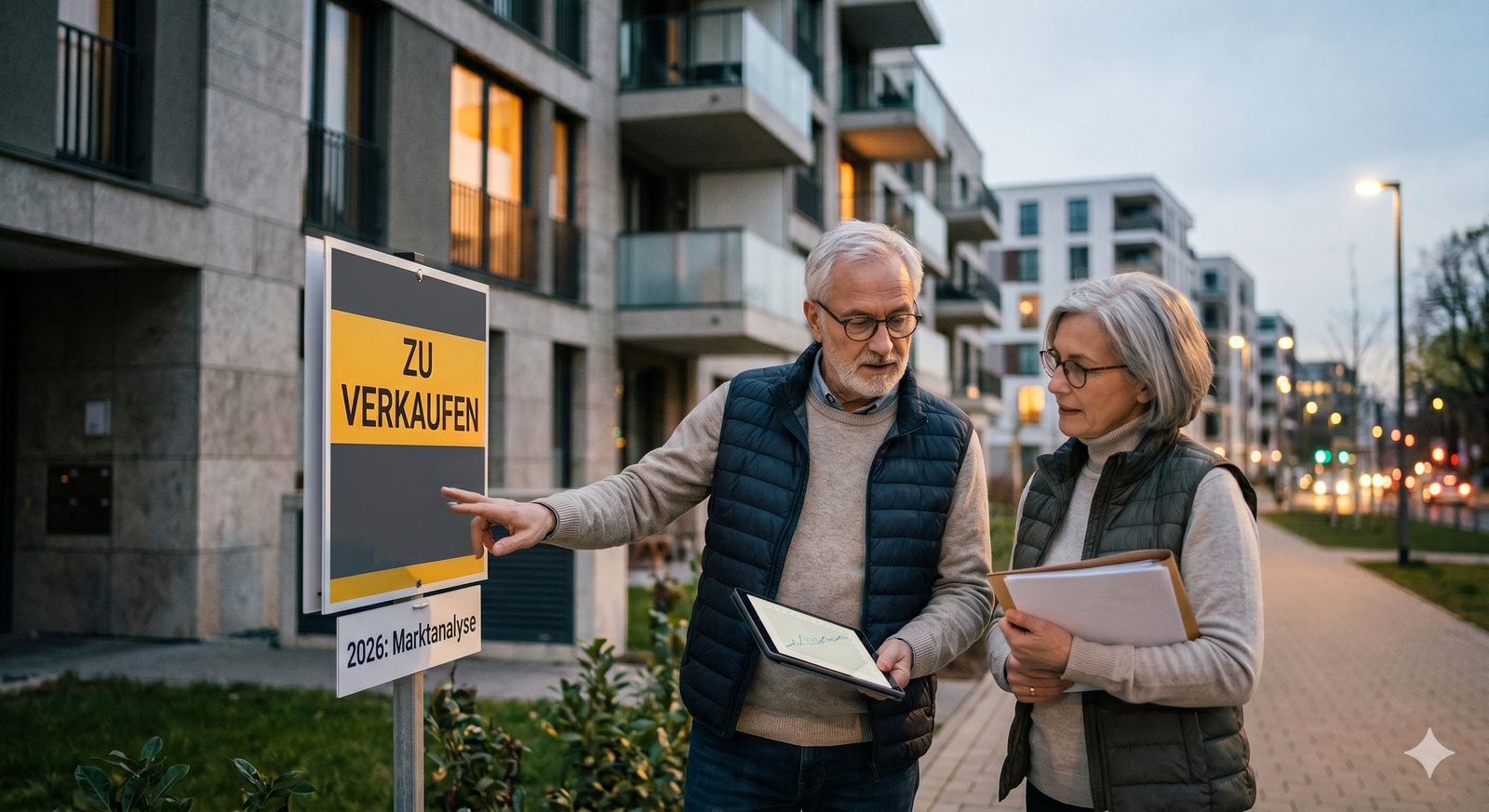 Älteres Paar mit Tablet vor Mehrfamilienhaus mit «Zu verkaufen»-Schild — Marktanalyse 2026