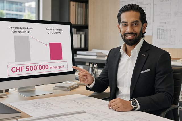 Easyhomes-Berater zeigt den Vergleich der Baukosten: CHF 4 Millionen ursprünglich, CHF 3,5 Millionen nach der Optimierung
