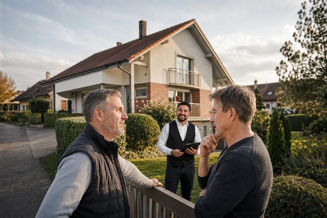 Eigentümer im Gespräch mit dem Nachbarn vor einem Einfamilienhaus, im Hintergrund der Easyhomes-Berater