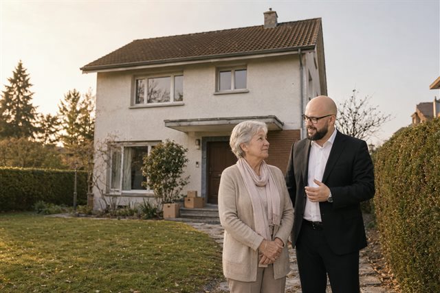 Ältere Eigentümerin im Gespräch mit dem Easyhomes-Berater vor ihrem Einfamilienhaus
