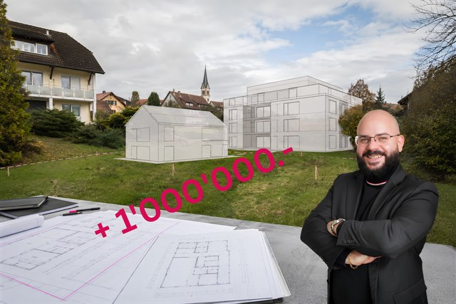 Bauland mit eingeblendeter Visualisierung zweier möglicher Neubauten